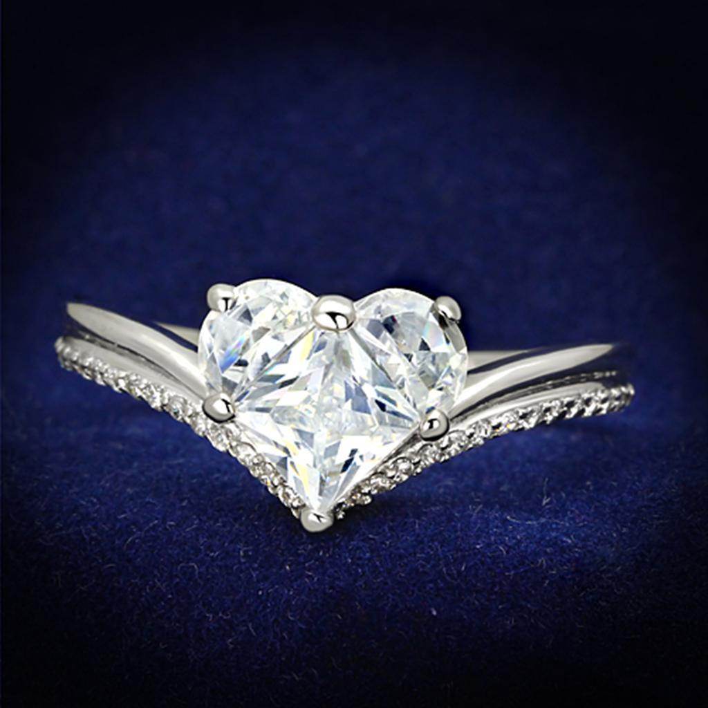 Elegant rhodium 925 sterling silver ring featuring a heart-shaped design with sparkling stones