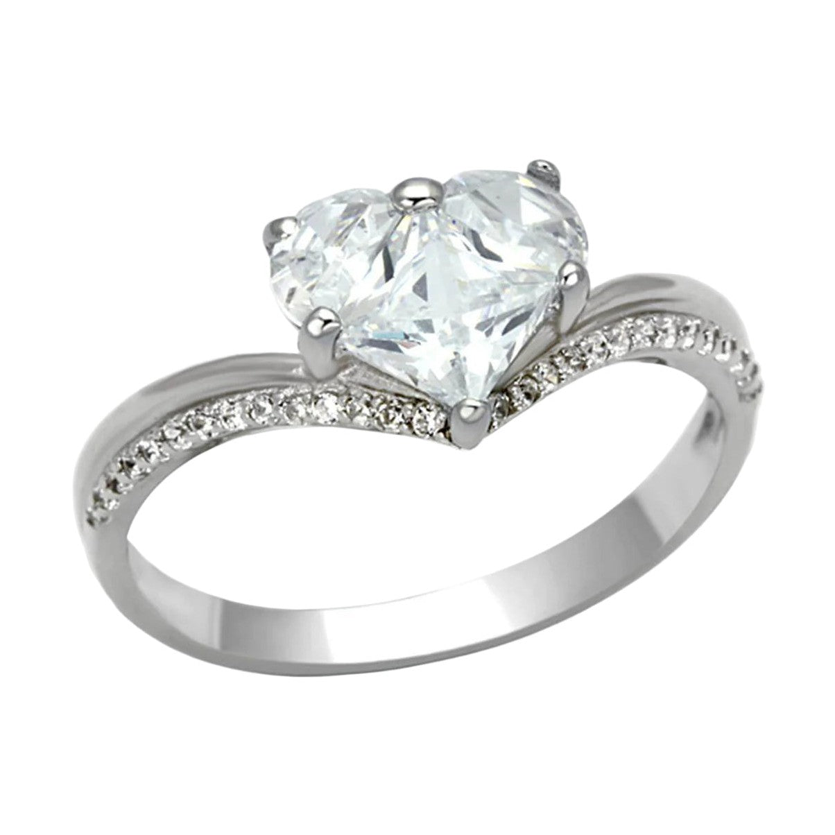 Rhodium 925 sterling silver ring featuring a heart-shaped design with sparkling stones on the band