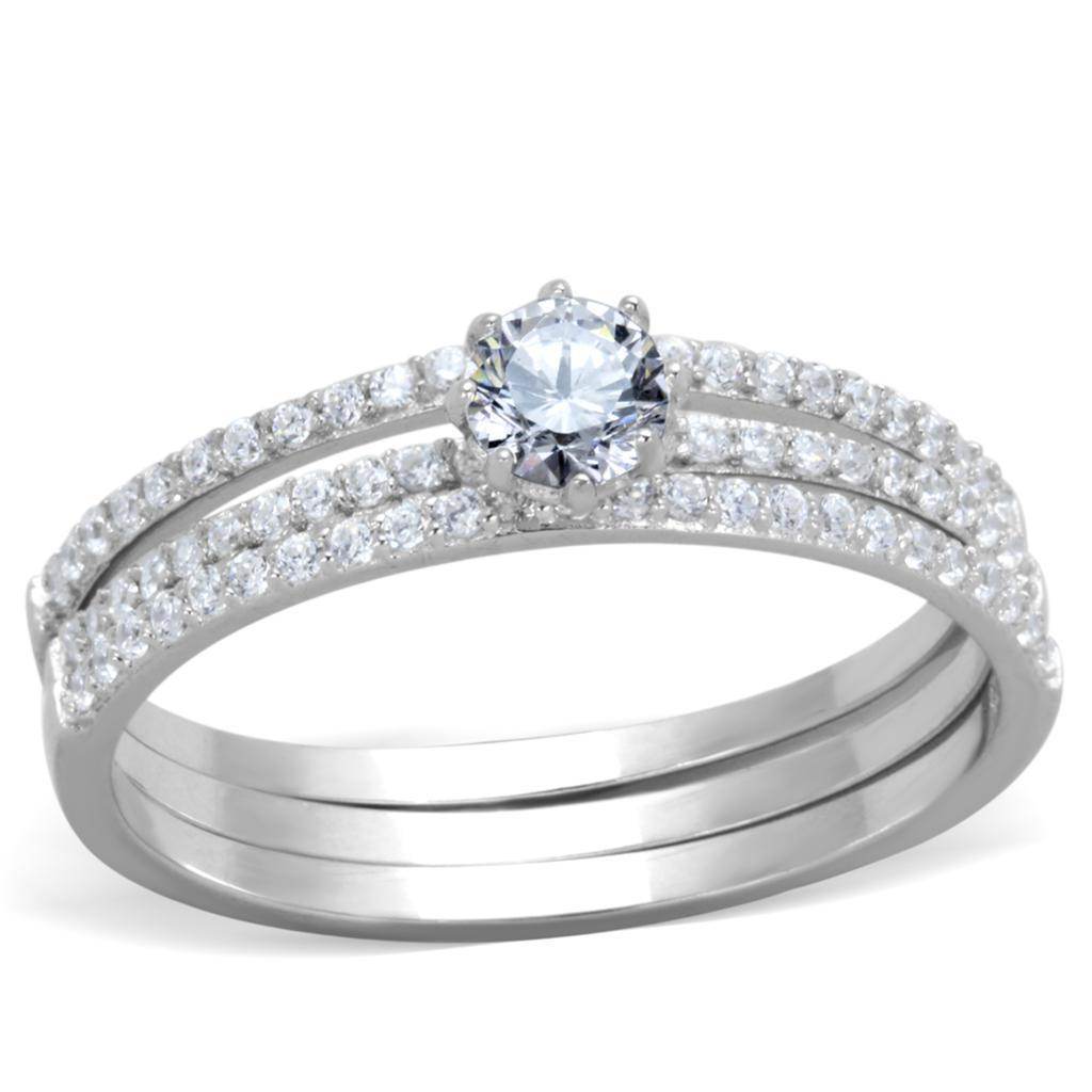 Stunning rhodium 925 sterling silver ring with a sparkling center stone and accented band design