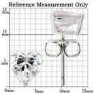 Rhodium 925 sterling silver stud earrings featuring heart-shaped clear gemstones with a measurement chart