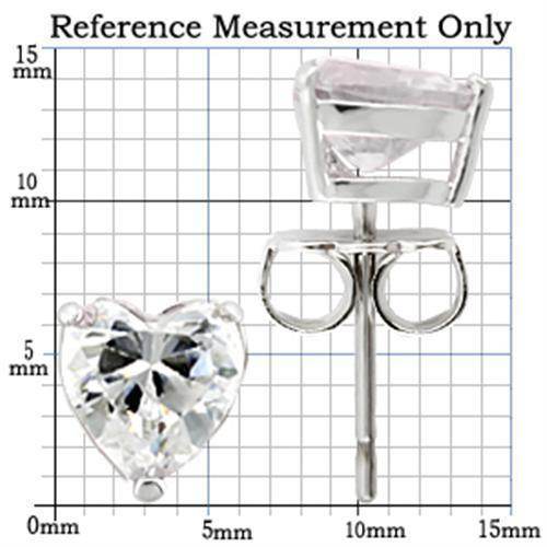 Rhodium 925 sterling silver stud earrings featuring heart-shaped clear gemstones with a measurement chart