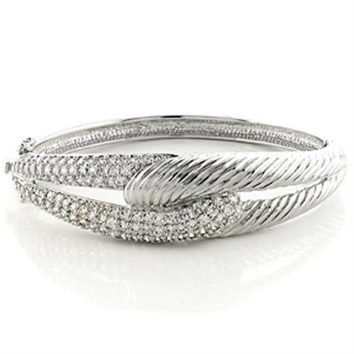 Rhodium brass bangle bracelet for women featuring a twisted design and sparkling embellishments