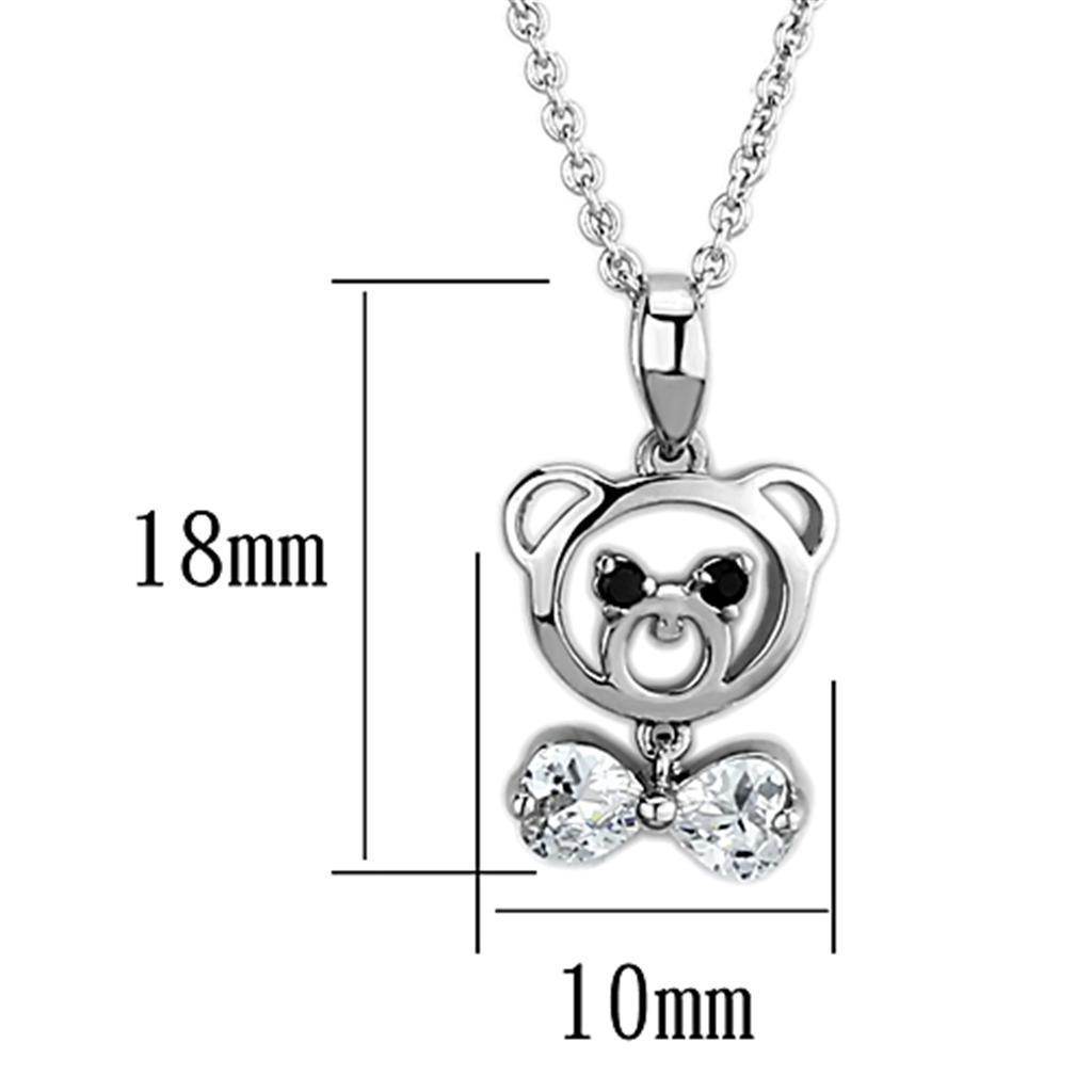 Rhodium brass bear pendant necklace featuring a cute bear and bow design with sparkling stones
