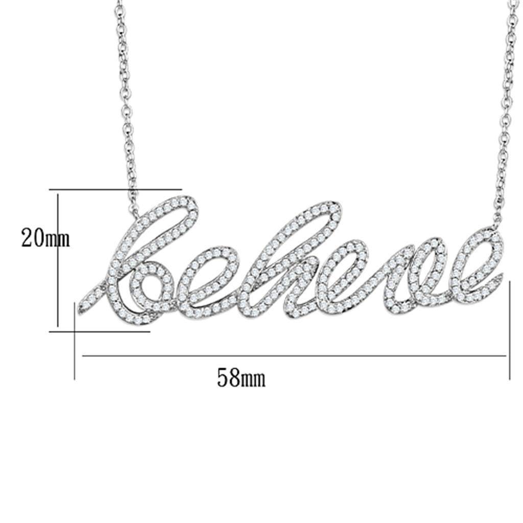 Rhodium brass believe necklace with sparkling design and adjustable chain for stylish women