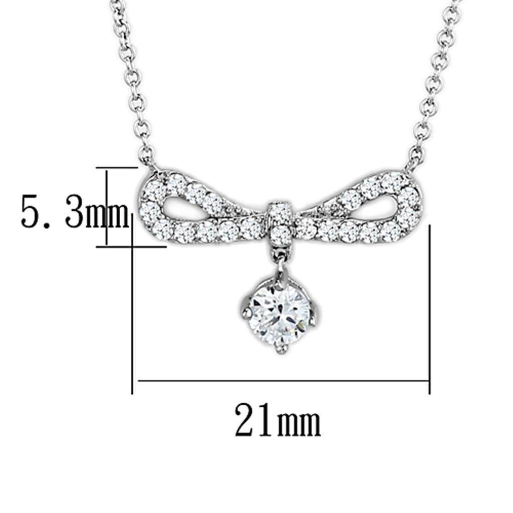 Rhodium brass bow necklace featuring a sparkling charm and elegant design, perfect for any occasion