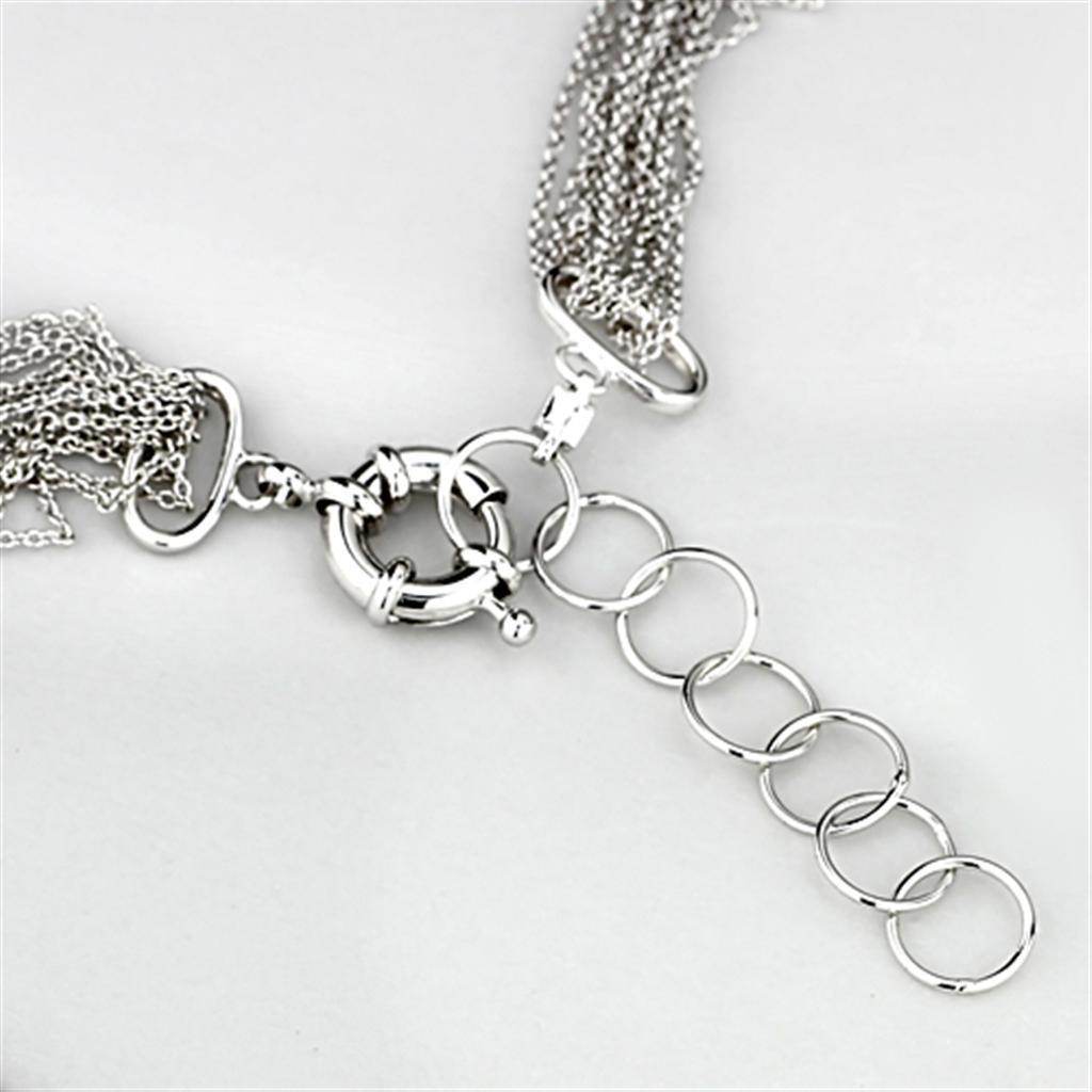 Close-up of rhodium brass infinity necklace for women featuring a unique clasp and layered chains