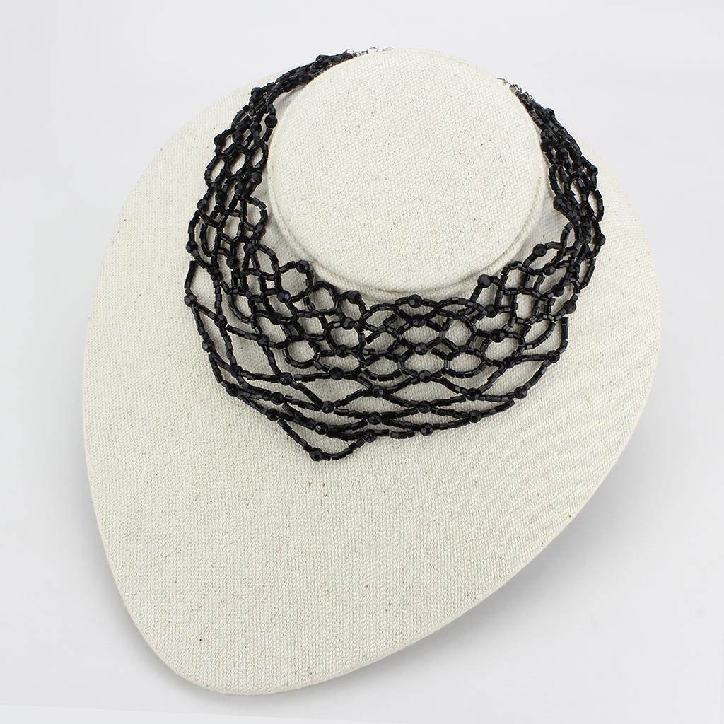 Elegant rhodium brass necklace with intricate black beaded design for a stylish look