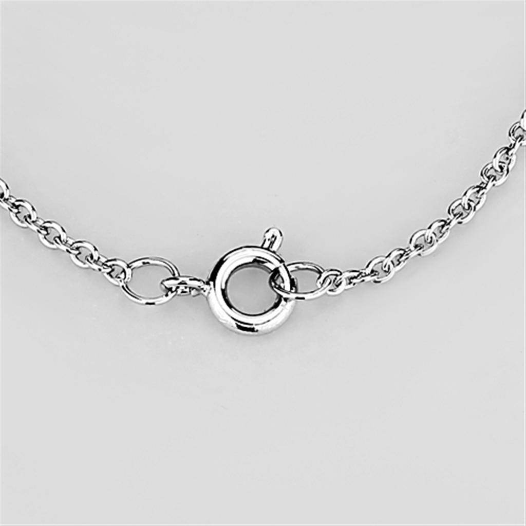 Close-up of a rhodium brass necklace featuring a secure toggle clasp design