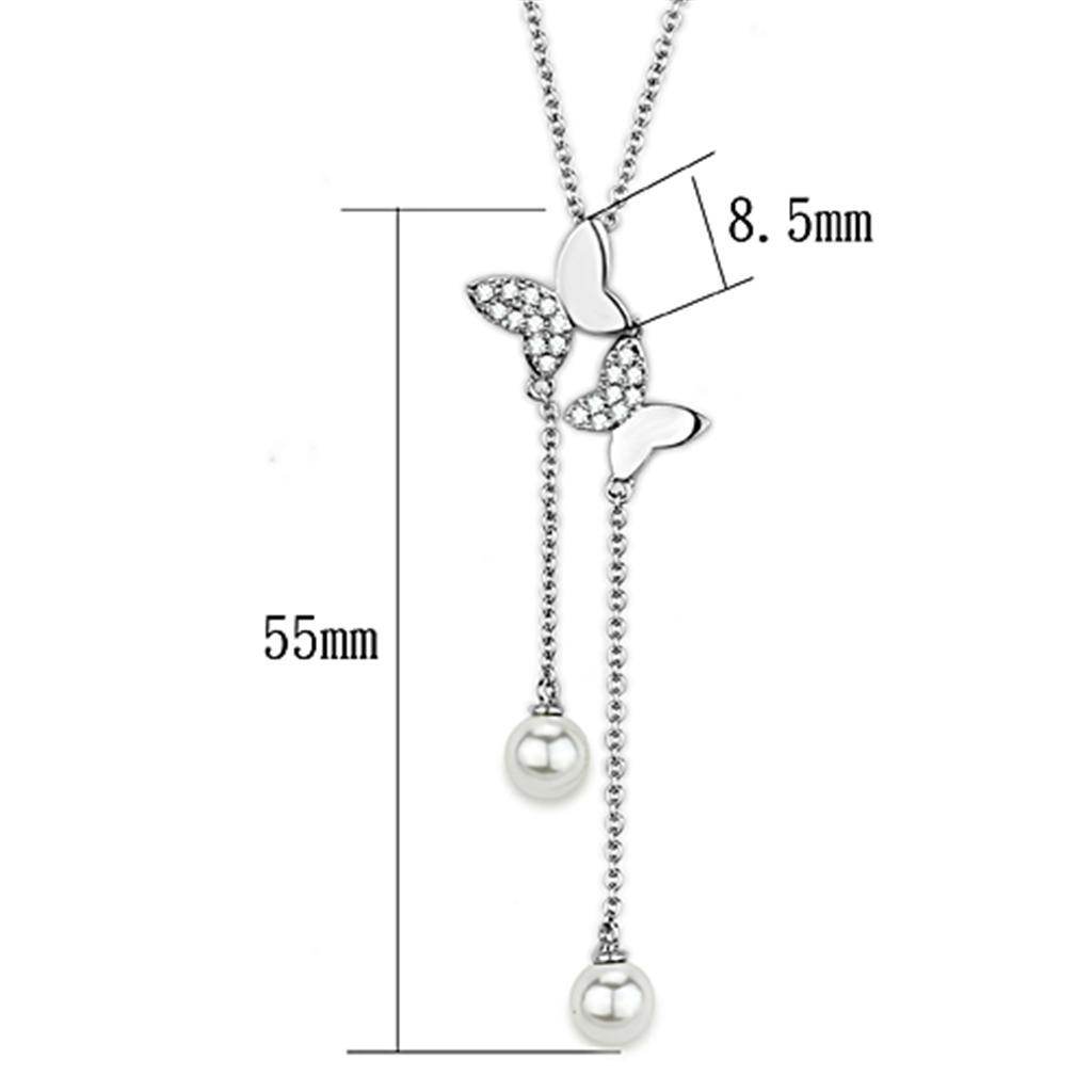 Rhodium brass necklace for women featuring a butterfly design with pearl accents and a delicate chain