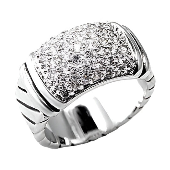 Stunning rhodium brass ring with clear CZ featuring an elegant design and sparkling stones