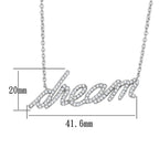 Rhodium brass script necklace for women featuring the word 'dream' adorned with crystals