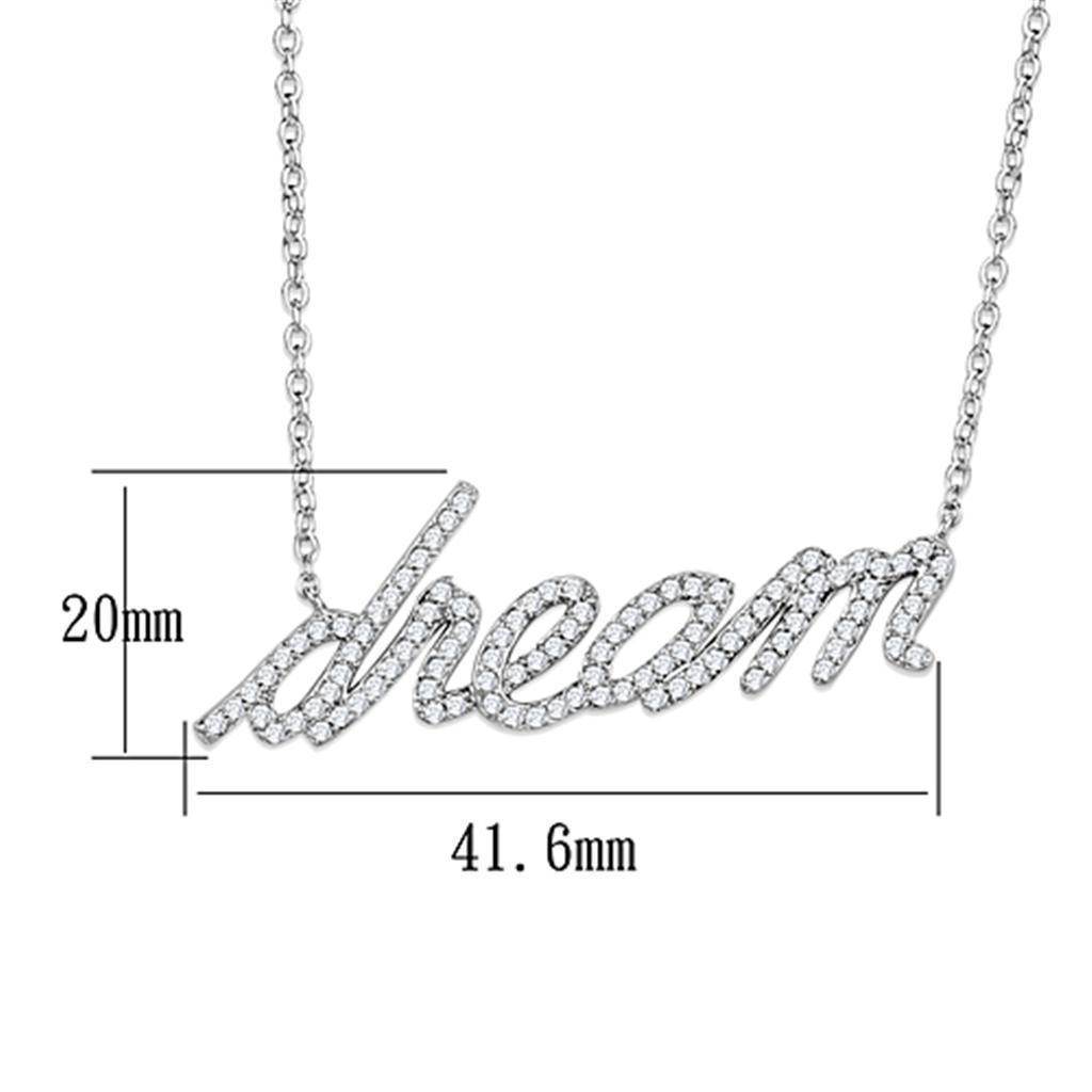 Rhodium brass script necklace for women featuring the word 'dream' adorned with crystals