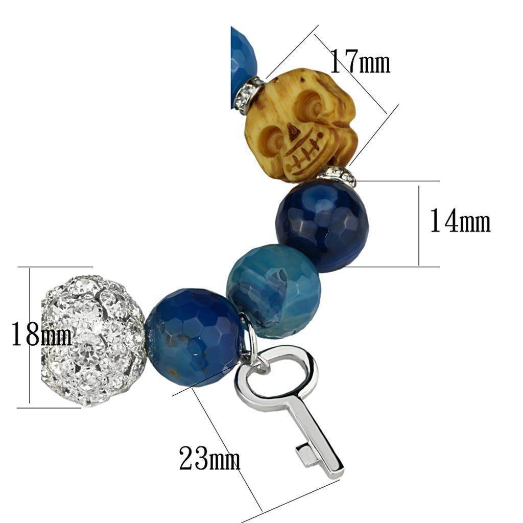 Rhodium brass skull bracelet with blue agate beads and decorative key charm for a unique style