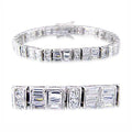 Elegant rhodium plated brass bracelet for women featuring a stylish geometric design with sparkling stones
