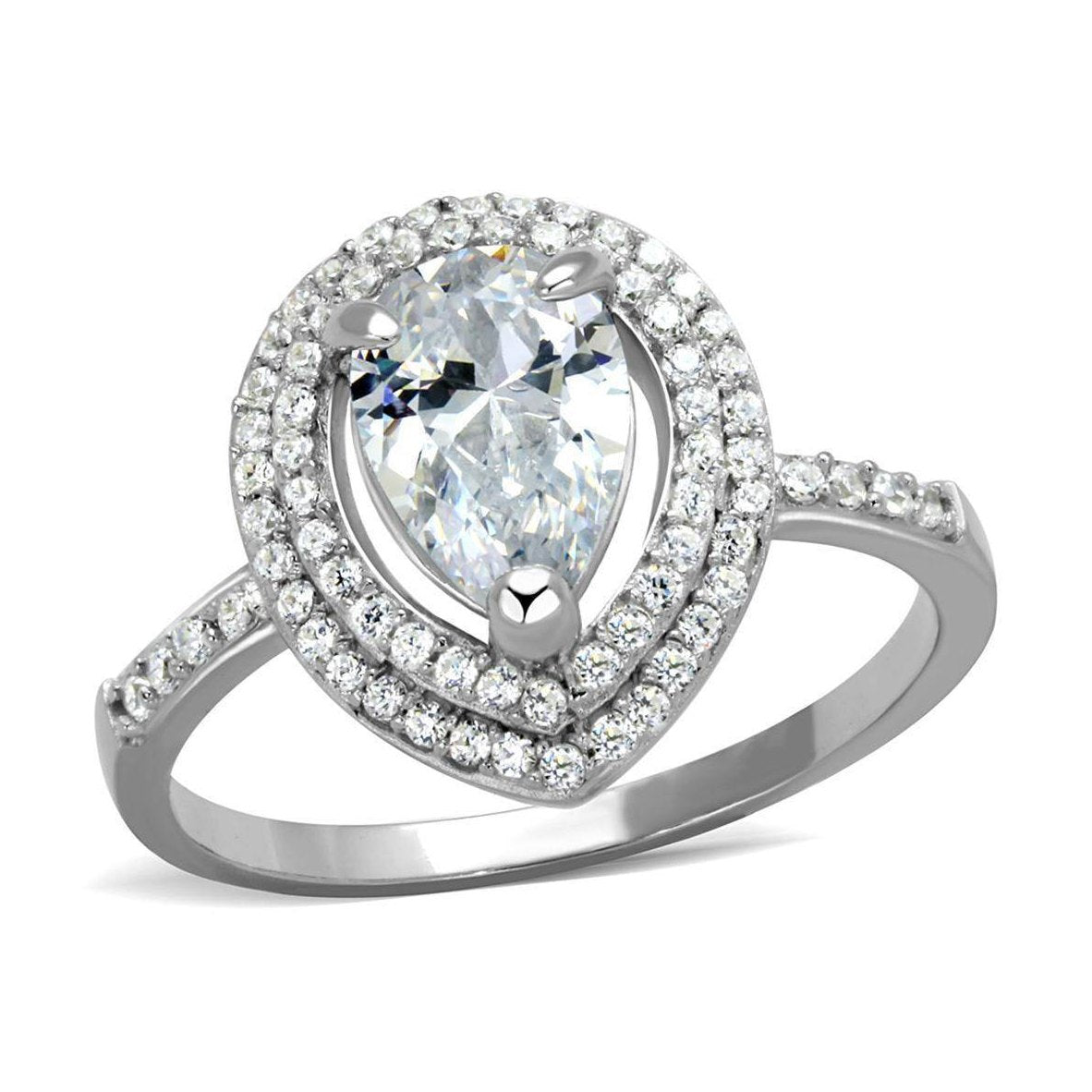Elegant rhodium plated silver engagement ring with a pear-shaped center stone and sparkling accents