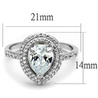 Rhodium plated silver engagement ring with a pear-shaped center stone and delicate surrounding diamonds