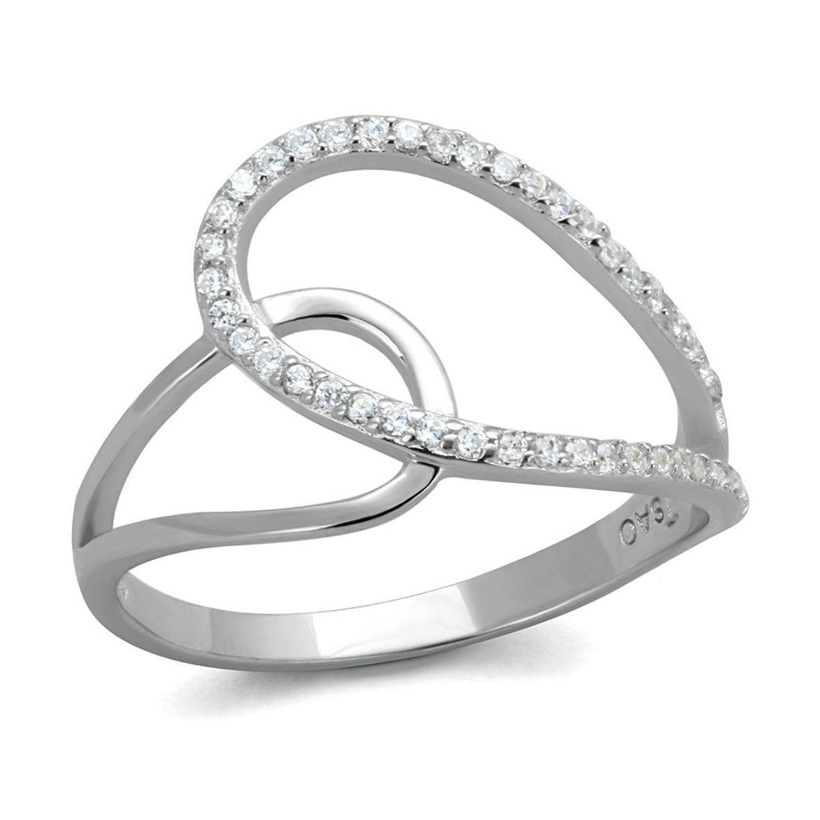 Rhodium plated silver heart ring with sparkling stones, perfect for everyday elegance