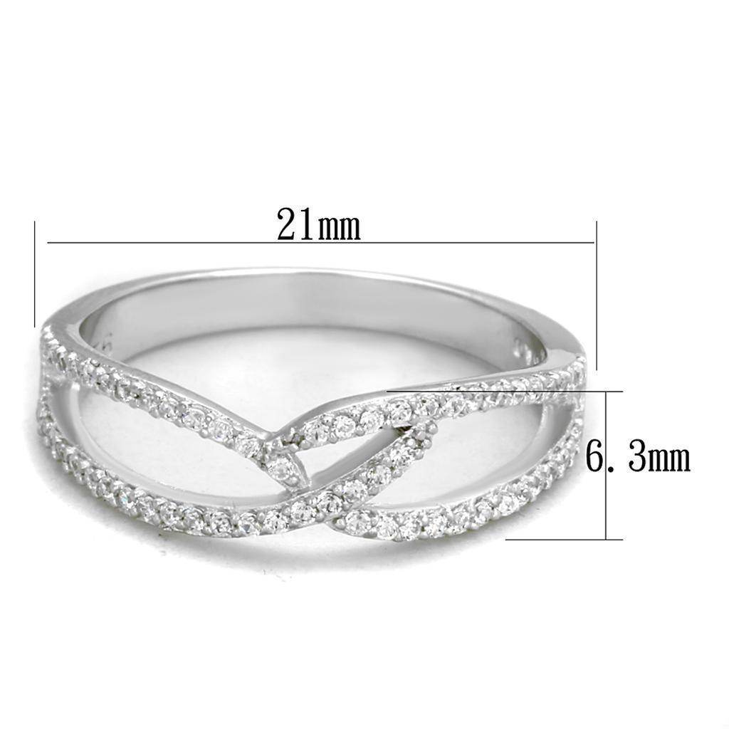 Rhodium plated silver ring for women featuring an elegant intertwined design with sparkling stones