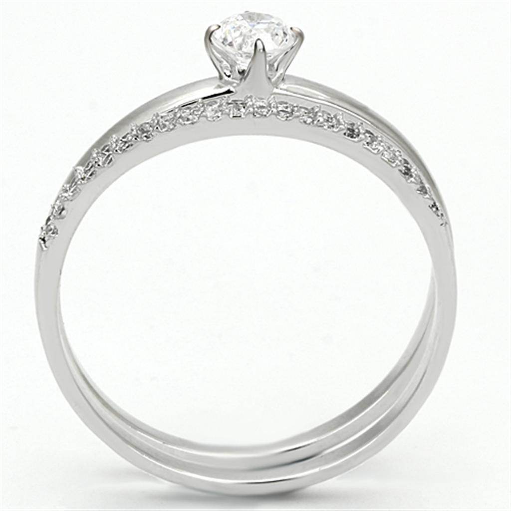 Elegant rhodium plated sterling silver ring with a sparkling center stone and accent diamonds