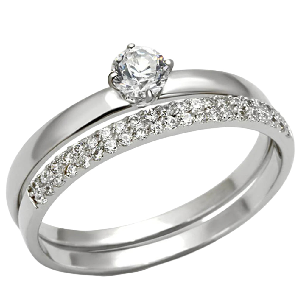 Stunning rhodium plated sterling silver ring with a central gemstone and sparkling accents