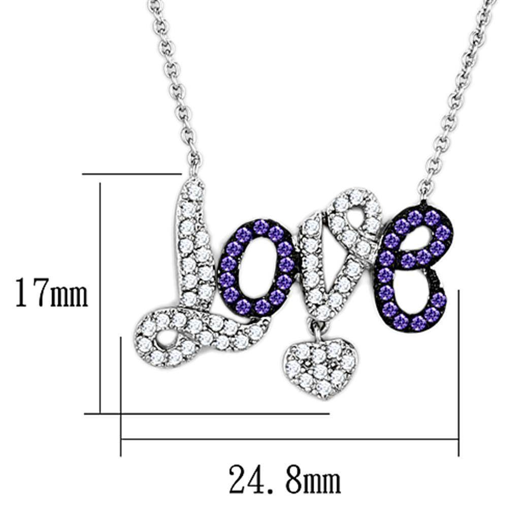 VacationGrabs Women's Necklace with Rhodium Ruthenium Brass Pendant and Love Design in Purple Stones