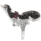 Unique rhodium ruthenium brass ring featuring a stylish black cat design with sparkling gemstones