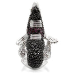 Unique rhodium ruthenium brass ring designed as a fish with sparkling details and artistic flair