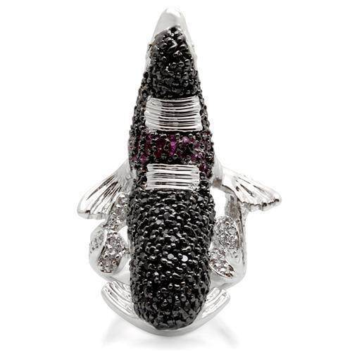 Unique rhodium ruthenium brass ring designed as a fish with sparkling details and artistic flair