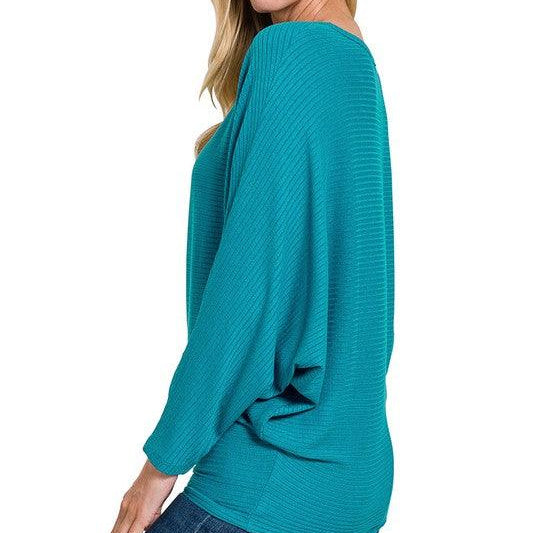 Women's Sweaters Ribbed Batwing Long Sleeve Boat Neck Sweater