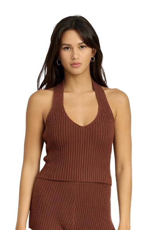 Ribbed Halter Neck Top - VacationGrabs