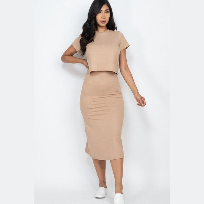 Capella ribbed midi skirt set in beige with short sleeve crop top and fitted midi skirt