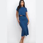 Capella ribbed midi skirt set in blue with short sleeve crop top and fitted midi skirt