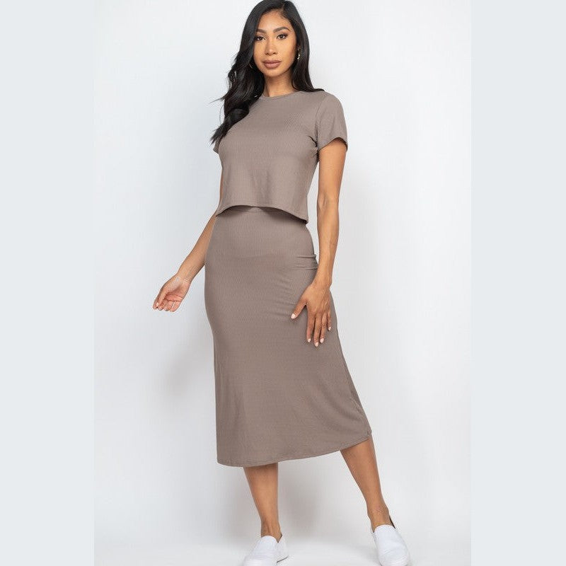 Capella ribbed midi skirt set in taupe worn by woman with short sleeve top and midi skirt