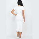 Capella white ribbed midi skirt set with short sleeve top and fitted midi skirt worn by model