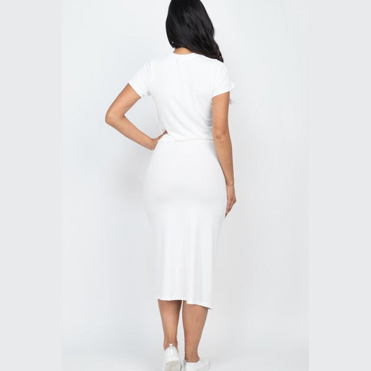 Capella white ribbed midi skirt set with short sleeve top and fitted midi skirt worn by model
