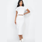 Capella ribbed midi skirt set in white featuring a fitted midi skirt and matching crop top