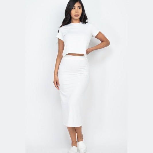 Capella ribbed midi skirt set in white featuring a fitted midi skirt and matching crop top