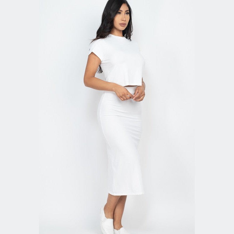 Capella white ribbed midi skirt set featuring a fitted high-waist skirt and short-sleeve crop top