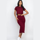 Capella ribbed midi skirt set in burgundy featuring a short sleeve crop top and fitted midi skirt