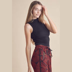 Yelete ribbed mock neck tank top in black, stylish and fitted for summer fashion