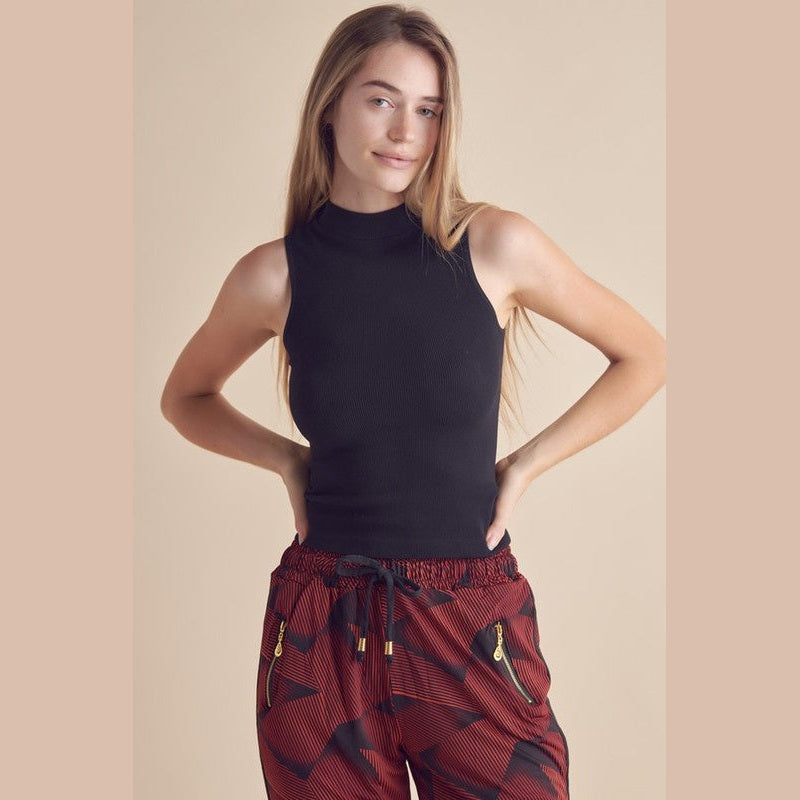 Yelete women's ribbed mock neck tank top in black, perfect for casual or layered outfits