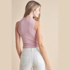 Yelete ribbed mock neck tank top in soft pink, perfect for casual outfits and layering