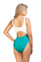 Beach Joy Bikini ribbed monokini for summer in white and teal with back cutout design