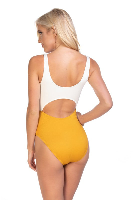 Beach Joy Bikini women's ribbed monokini for summer in white and yellow with open back design