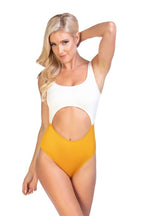 Beach Joy Bikini women's ribbed monokini for summer in white and mustard yellow one-piece swimwear