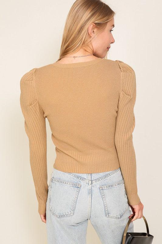 Women's Shirts Ribbed Puff Sleeve Knit Top
