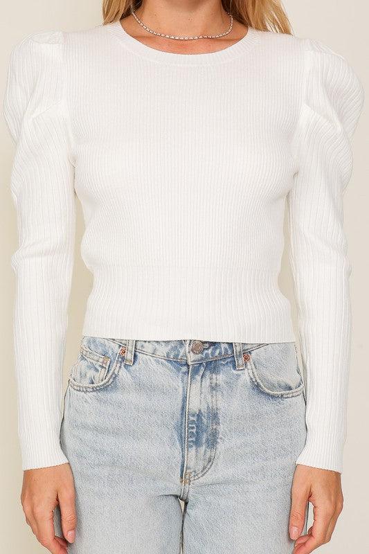 Women's Shirts Ribbed Puff Sleeve Knit Top
