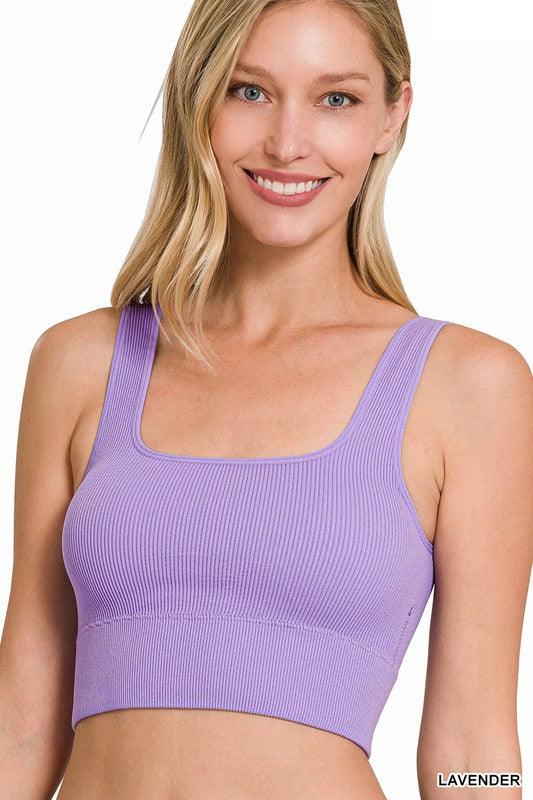 Women's Shirts - Cropped Tops Ribbed Square Neck Cropped Tank Top With Bra Pads
