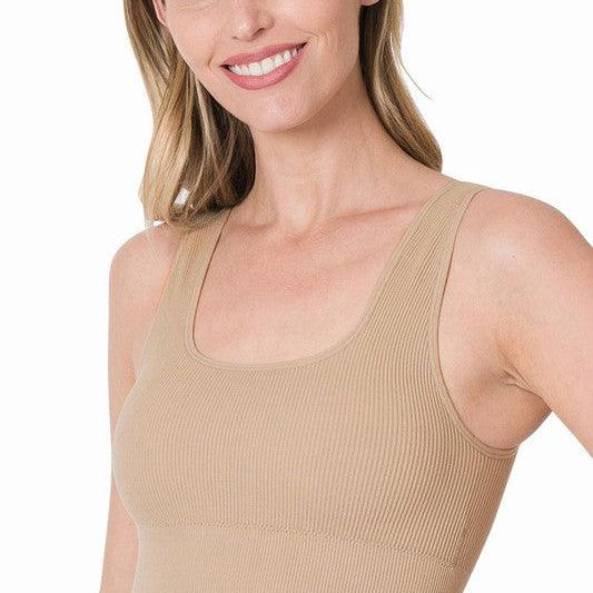 Women's Shirts - Cropped Tops Ribbed Square Neck Cropped Tank Top With Bra Pads