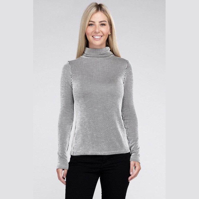 Ribbed Turtle Neck Long Sleeve Top - VacationGrabs